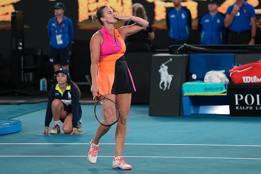 | Photo: AP/Dita Alangkara : Aryna Sabalenka of Belarus celebrates after defeating Elina Svitolina of Ukraine in their semifinal match at the Australian Open tennis championship in Melbourne, Australia.