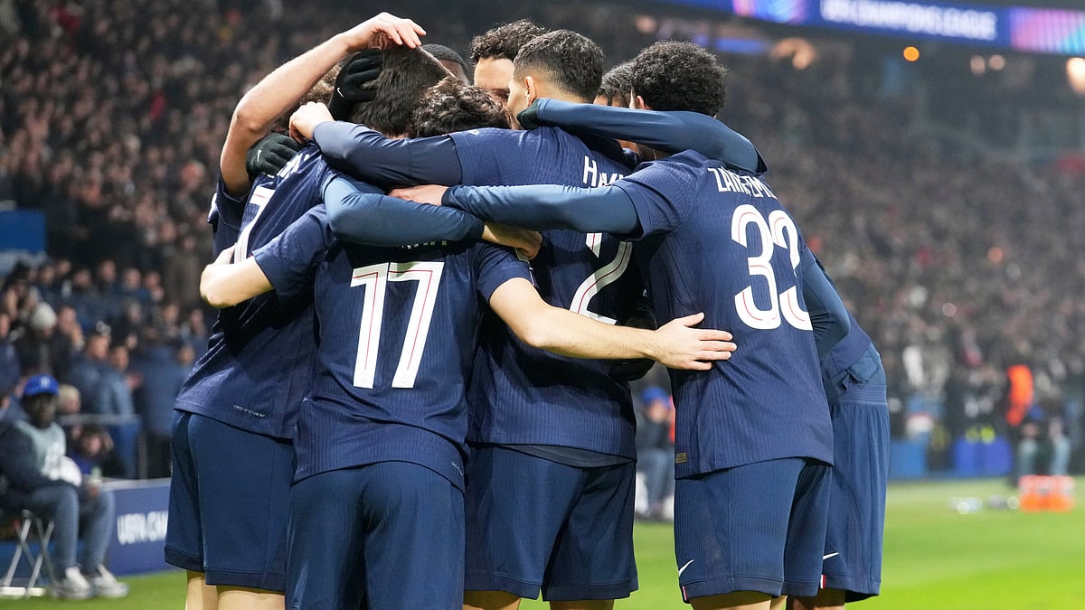 | Photo: AP/Michel Euler : PSG players celebrate after PSG's Vitinha scored his side's opening goal during a Champions League opening phase soccer match between Paris Saint-Germain and Newcastle in Wednesday, Jan. 28, 2026.