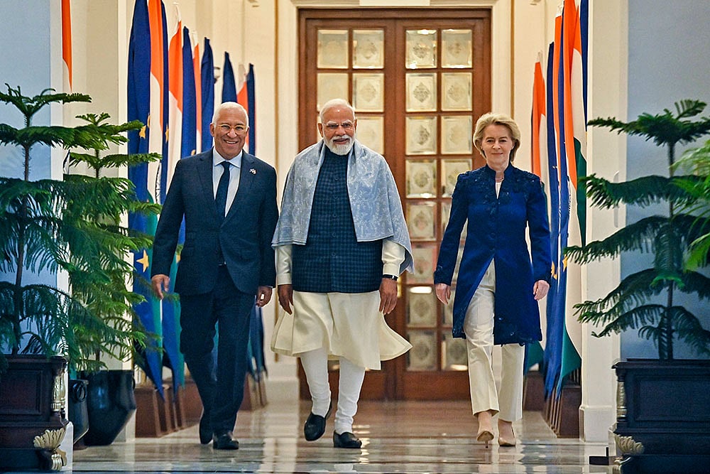 PMO via PTI  : In this image received on Jan. 27, 2026, Prime Minister Narendra Modi with European Council President Antonio Costa, left, and European Commission President Ursula von der Leyen, right, during their meeting at the Hyderabad House, in New Delhi.