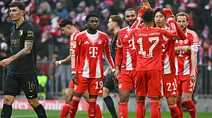 | Photo: dpa/Peter Kneffel via AP : Bayern's Hiroki Ito, 2nd right, celebrates scoring their side's first goal of the game with teammates during the German Bundesliga soccer match between Bayern Munich and FC Augsburg in Munich, Saturday, Jan. 24, 2026.