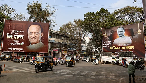 Hoardings put up to pay tribute to late Maharashtra deputy chief minister Ajit Pawar, who was killed in a plane crash near Baramati, in Pune, Friday, Jan. 30, 2026.