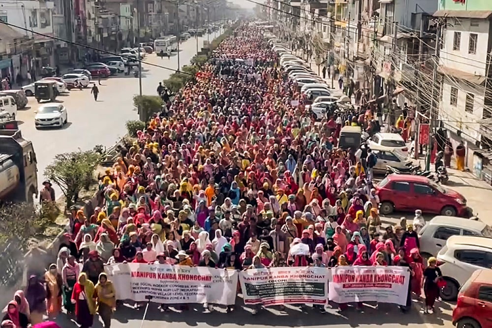 | Photo: PTI : People take part in Save Manipur rally, organised by the Coordinating Committee on Manipur Integrity (COCOMI), to assert their stand that the territorial and administrative integrity of the state cannot be divided at any cost, in Imphal, Manipur.