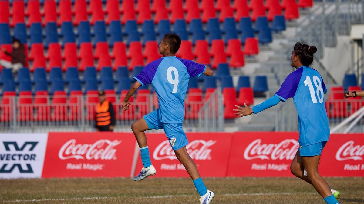 IndianFootball/X : Pearl Fernandes celebrating after scoring a goal. 