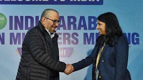 Source: PTI : In this image posted on Jan. 31, 2026, UAEs Minister of State for Foreign Affairs Khalifa Shaheen Al Marar, left, being welcomed upon his arrival to attend the 2nd India-Arab Foreign Ministers Meeting, in New Delhi.