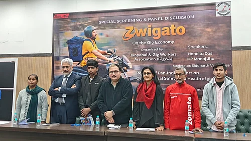 | Source: X / Manoj Kumar Jha : MP Manoj Kumar Jha and director Nandita Das at a special screening and discussion with a large number of gig workers in participation