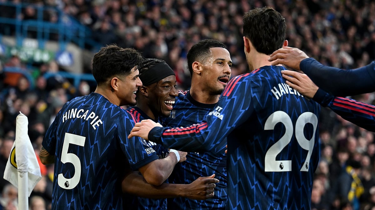 Arsenal celebrate during their 4-0 win over Leeds United