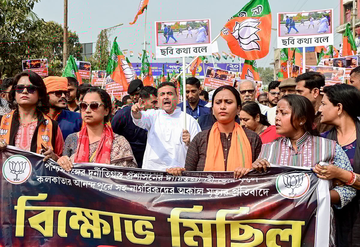 PTI : BJP leader and Leader of Opposition in West Bengal Assembly Suvendu Adhikari leads a protest rally, demanding the arrest of the owners of a city-based popular food chain Wow Momo following the death of several of their labourers in a devastating fire,