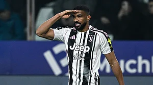 Juventus' Bremer celebrates after scoring against Parma.
