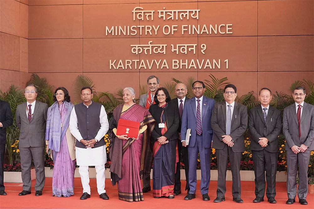 | Photo: Tribhuvan Tiwari : Minister Nirmala Sitharaman with Minister of State for Finance Pankaj Chaudhary and her team members outside the Ministry of Finance before the presentation of the Union Budget 2026-27, in New Delhi