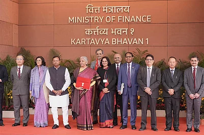 | Photo: Tribhuvan Tiwari : Minister Nirmala Sitharaman with Minister of State for Finance Pankaj Chaudhary and her team members outside the Ministry of Finance before the presentation of the Union Budget 2026-27, in New Delhi