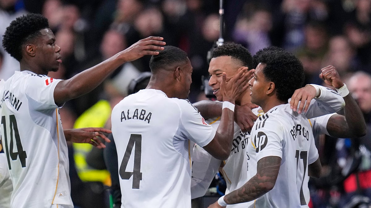 (AP Photo/Manu Fernandez) : Real Madrid's Kylian Mbappe celebrates after scoring his side's second goal during the Spanish La Liga soccer match between Real Madrid and Rayo Vallecano in Madrid, Spain, Sunday, Feb. 1, 2026. 