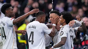 (AP Photo/Manu Fernandez) : Real Madrid's Kylian Mbappe celebrates after scoring his side's second goal during the Spanish La Liga soccer match between Real Madrid and Rayo Vallecano in Madrid, Spain, Sunday, Feb. 1, 2026.