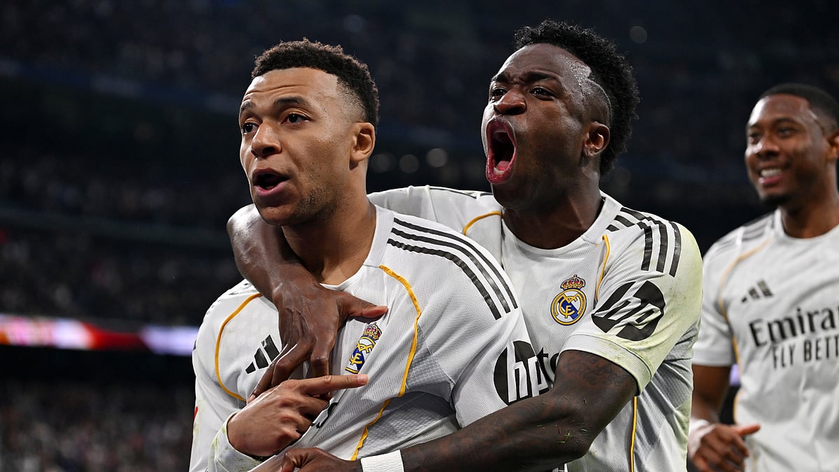 Kylian Mbappe celebrates after scoring for Real Madrid during the La Liga match against Rayo Vallecano on February 1, 2026.