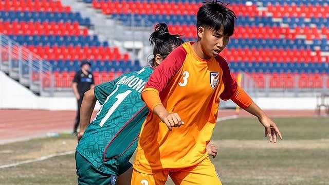 | Photo: Instagram/indianfootball : India U17 players in action against Bangladesh U19 during their SAFF U19 Women's Championship match on February 2, 2026.