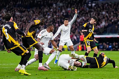 | Photo: AP/Manu Fernandez : Real Madrids Brahim Diaz, second right, reacts during the Spanish La Liga soccer match between Real Madrid and Rayo Vallecano in Madrid, Spain.