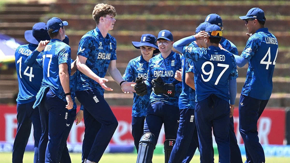 X/Zimbabwe Cricket : England celebrate an Australian wicket during their ICC Under-19 World Cup 2026 semi-final in Bulawayo.