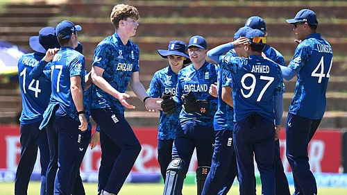 X/Zimbabwe Cricket : England celebrate an Australian wicket during their ICC Under-19 World Cup 2026 semi-final in Bulawayo.