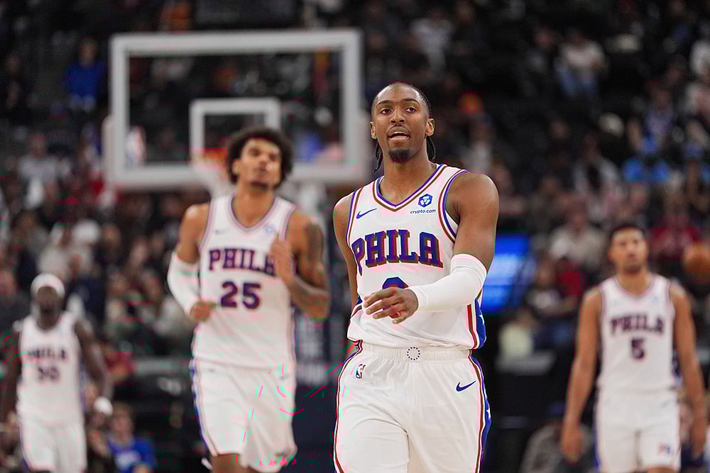 | Photo: AP/Jae C. Hong : Philadelphia 76ers guard Tyrese Maxey (0) walks up the court during the second half of an NBA basketball game against the Los Angeles Clippers in Inglewood, California. 