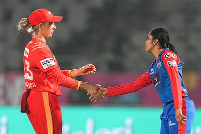 | Photo: PTI/Kunal Patil : Delhi Capitals captain Jemimah Rodrigues, right, shakes hands with Gujarat Giants captain Ashleigh Gardner after her teams win over Gujarat Giants in the Womens Premier League (WPL) 2026 eliminator T20 cricket match, in Vadodara, Gujarat.