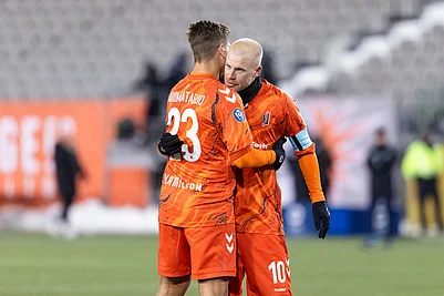| Photo: Nick Iwanyshyn/The Canadian Press via AP : Forge FC teammates Anthony Aromatario (23) and Kyle Bekker (10) celebrate their draw against Tigres UANL during round one of the 2026 CONCACAF Champions Cup in Hamilton.