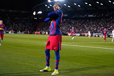 | Photo: AP/Manu Fernandez : Barcelonas Lamine Yamal celebrates the opening goal during a Copa del Rey quarterfinal soccer match between Albacete and Barcelona, in Albacete, Spain.
