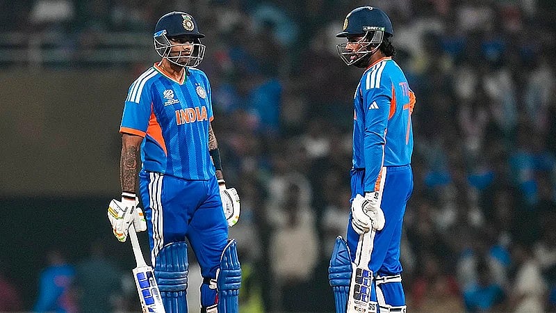 PTI : Captain Suryakumar Yadav, left, with teammate Tilak Varma during the ICC Mens T20 World Cup warm-up match between India and South Africa at the DY Patil Sports Academy in Navi Mumbai.