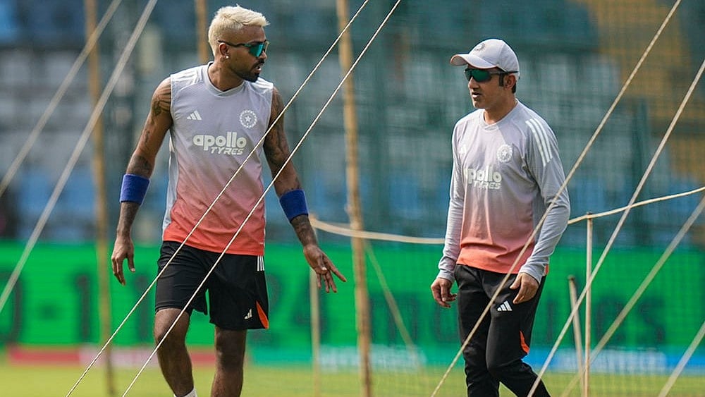 | Photo: PTI/Shashank Parade : Indias Hardik Pandya with head coach Gautam Gambhir during a training session ahead of the ICC Mens T20 World Cup 2026 cricket match against USA, in Mumbai.