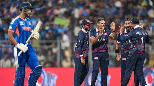 (PTI Photo/Kunal Patil) : USAs players celebrate the dismissal of Indias Shivam Dube during the ICC Mens T20 World Cup 2026 cricket match between India and USA, at the Wankhede Stadium, in Mumbai, Saturday, Feb. 7, 2026.