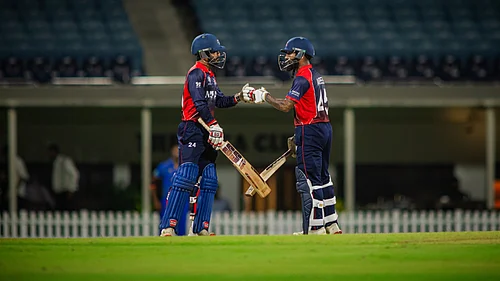 CricketNep/X : Nepal cricketers in action in ICC T20 World Cup 2026 warm-up clash against UAE.