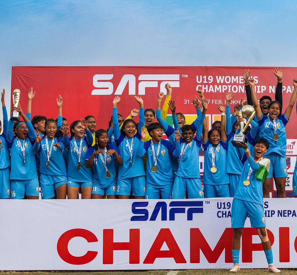 Special Arrangement/AIFF : The U-17 Women's team celebrating their SAFF U-19 Championship victory after beating Bangladesh in the final