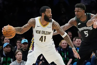 | Photo: AP/Bruce Kluckhohn : New Orleans Pelicans forward Saddiq Bey (41) works around Minnesota Timberwolves guard Anthony Edwards (5) in the first quarter of an NBA basketball game in Minneapolis.