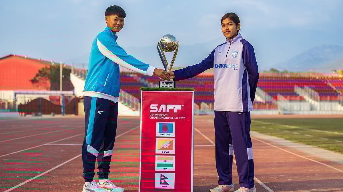 | Photo: AIFF : India U17 captain Julan Nongmaithem and Bangladesh U19 captain Arpita Biswas ahead of the SAFF U19 Womens Championship 2026 final on February 7, 2026.