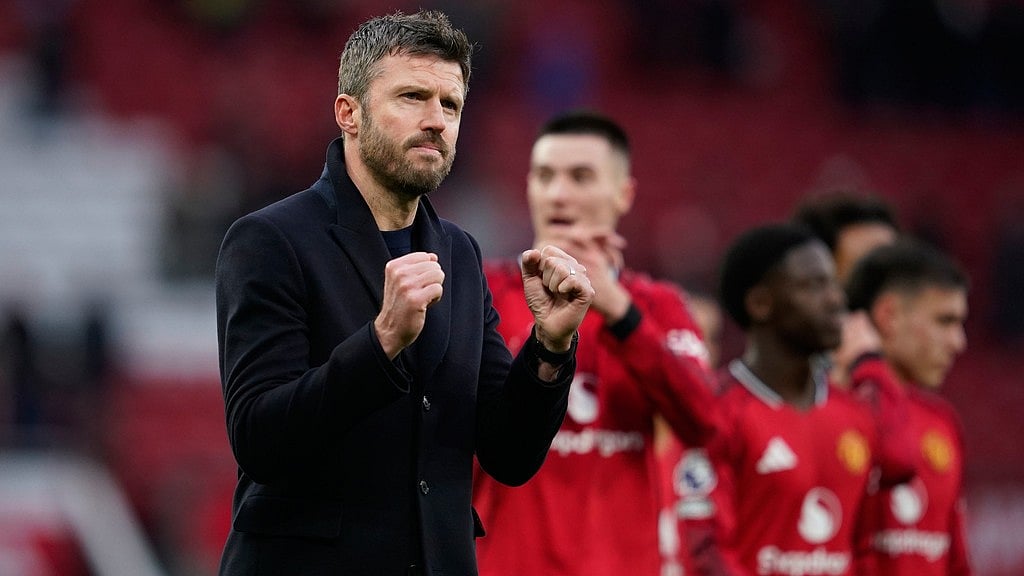 Photo: AP : Manchester Uniteds head coach Michael Carrick celebrates at the end of the English Premier League match between Manchester United and Fulham in Manchester.