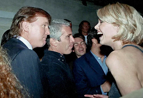 IMAGO / ZUMA Press Wire : One of the ones released today: DONALD TRUMP, left, speaks with Belgian model Ingrid Seynhaeve, right, financier JEFFREY EPSTEIN, center, at a 1997 Victorias Secret party in New York.