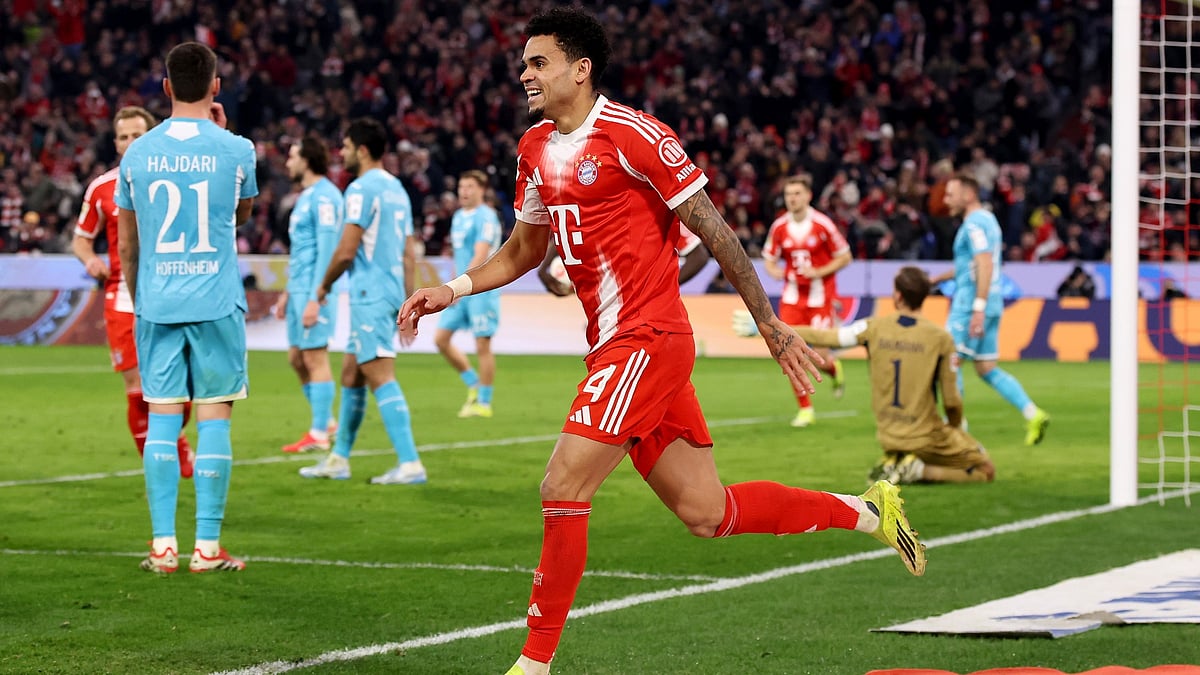 Luiz Diaz celebrates scoring his second as Bayern Munich thrash Hoffenheim 5-1.