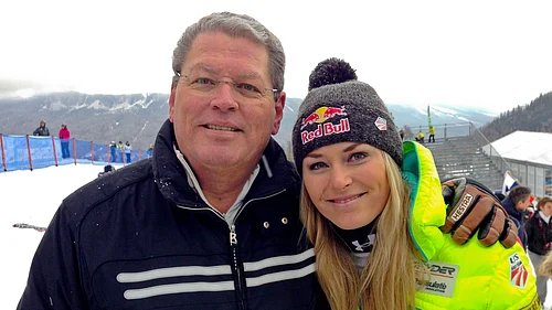 (AP Photo/Andrew Dampf, File) : United States Lindsey Vonn, right, poses for photographs with her father Alan Kildow at the end of an alpine ski, womens World Cup downhill race, in Cortina dAmpezzo, Italy, Friday, Jan. 16, 2015.