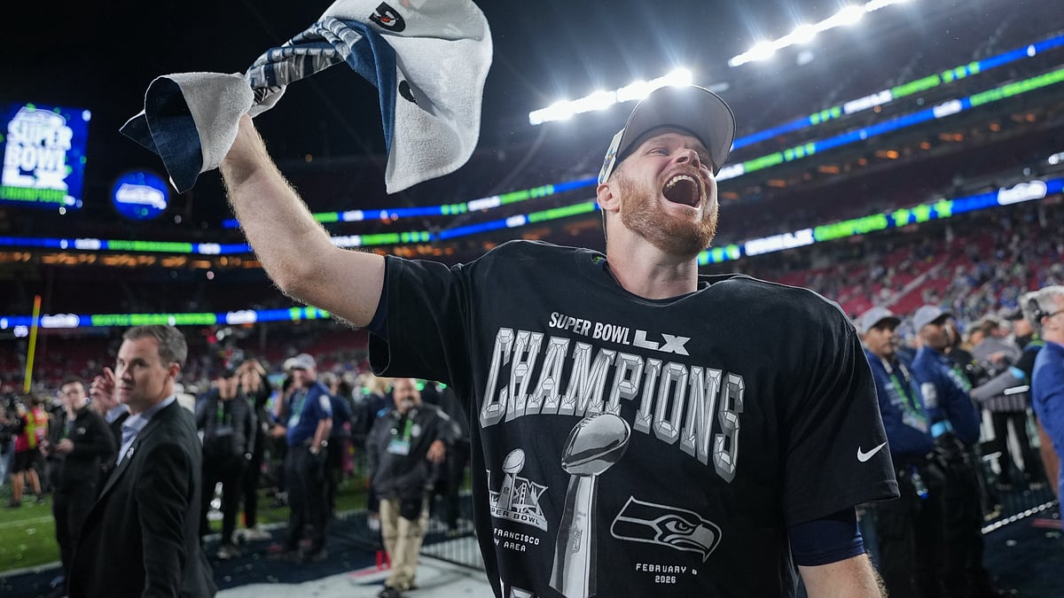 | Photo: AP/Matt Slocum : Seattle Seahawks quarterback Sam Darnold celebrates after a win over the New England Patriots in the NFL Super Bowl 60 football game, Sunday, Feb. 8, 2026, in Santa Clara, Calif.