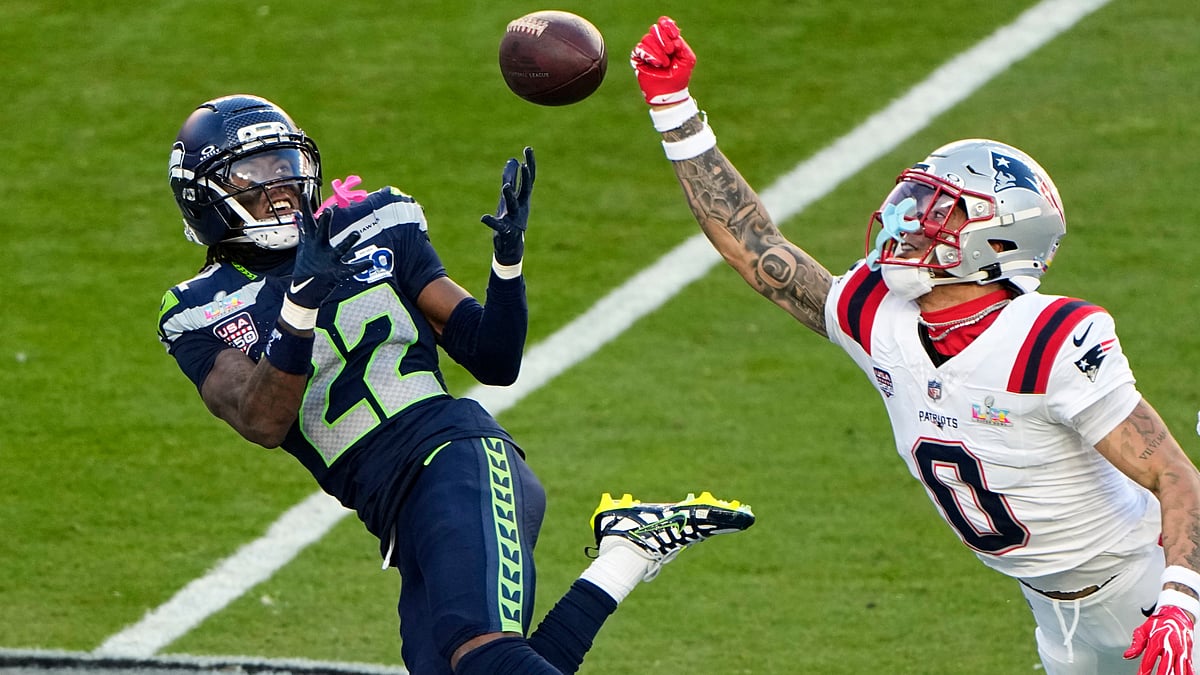| Photo: AP/Charlie Riedel : New England Patriots cornerback Christian Gonzalez (0) breaks up a pass intended for Seattle Seahawks wide receiver Rashid Shaheed (22) during the first half of the NFL Super Bowl 60 football game, Sunday, Feb. 8, 2026, in Santa Clara, Calif. 