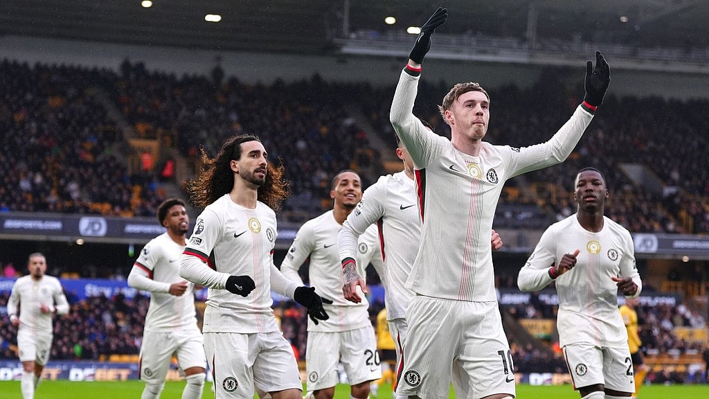 Photo: AP : Chelseas Cole Palmer celebrates scoring during the English Premier League match between Wolverhampton Wanderers and Chelsea in Wolverhampton.