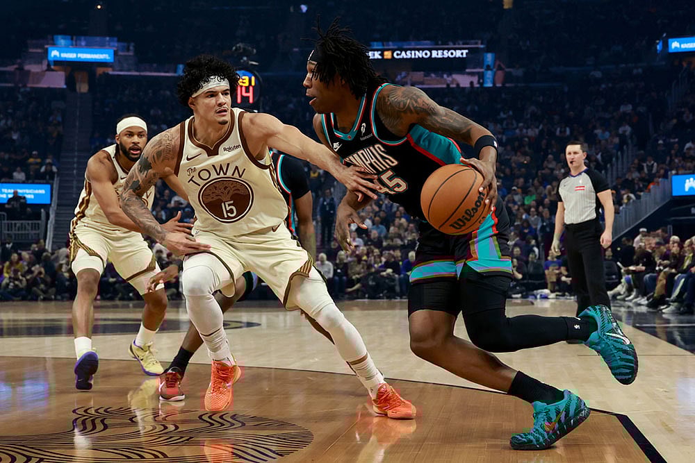 | Photo: AP/Jed Jacobsohn : Memphis Grizzlies forward GG Jackson (45) drives to the basket against Golden State Warriors forward Gui Santos (15) during the first half of an NBA basketball game in San Francisco.