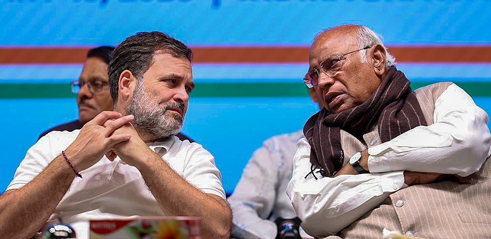 | Photo: AICC via PTI  : LoP in the Lok Sabha Rahul Gandhi and Congress President Mallikarjun Kharge during the DCC Presidents Training Programme at Indira Bhawan, in New Delhi. 