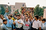 Past Protest: Students protesting in 1990 against the recommendations of the Mandal Commission for quotas in government jobs for backward castes with signs including anti-PM V. P. Singh