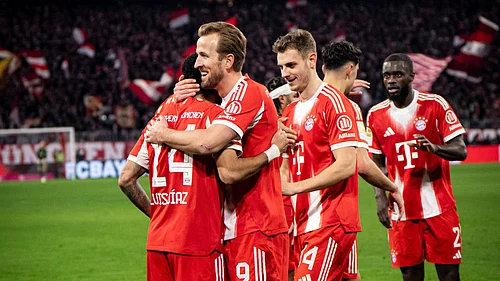 FCBayern/X : Bayern Munich players celebrating a goal against Hoffenheim in Bundesliga 2025-26.