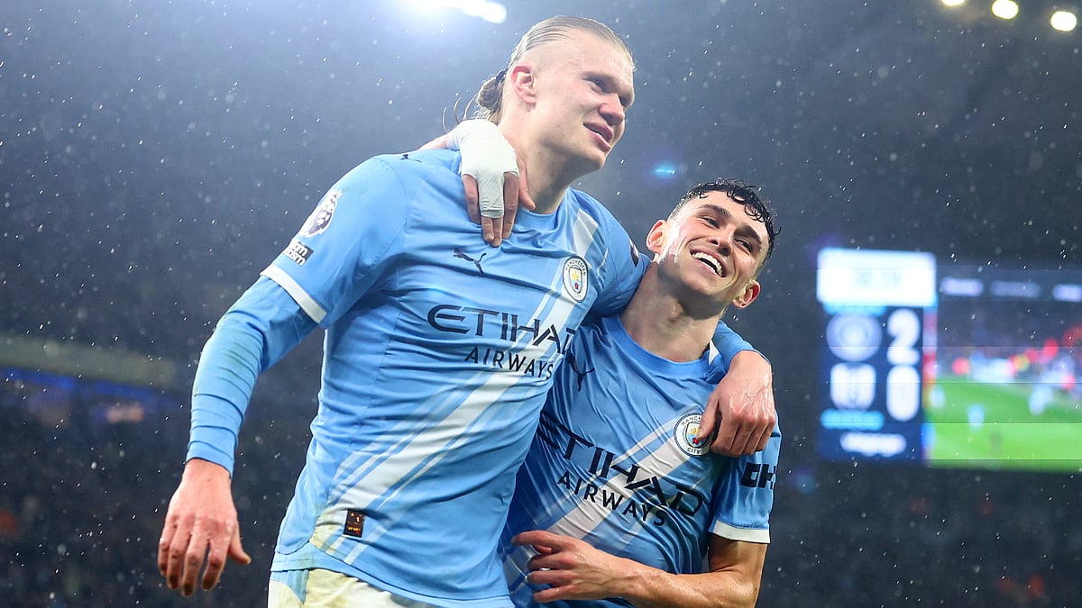 Erling Haaland celebrates after scoring against Fulham