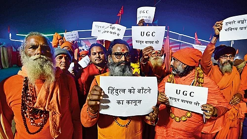 | Photo: Imago/Zuma Press : On the March: Ekdandi sadhus protest against the UGC’s equity regulations at Sangam during the Magh Mela in Prayagraj