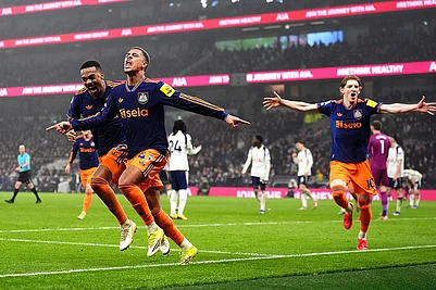 | Photo: John Walton/PA via AP : Newcastle Uniteds Jacob Ramsey, second from left, celebrates scoring their sides second goal against Tottenham during a Premier League soccer match London.