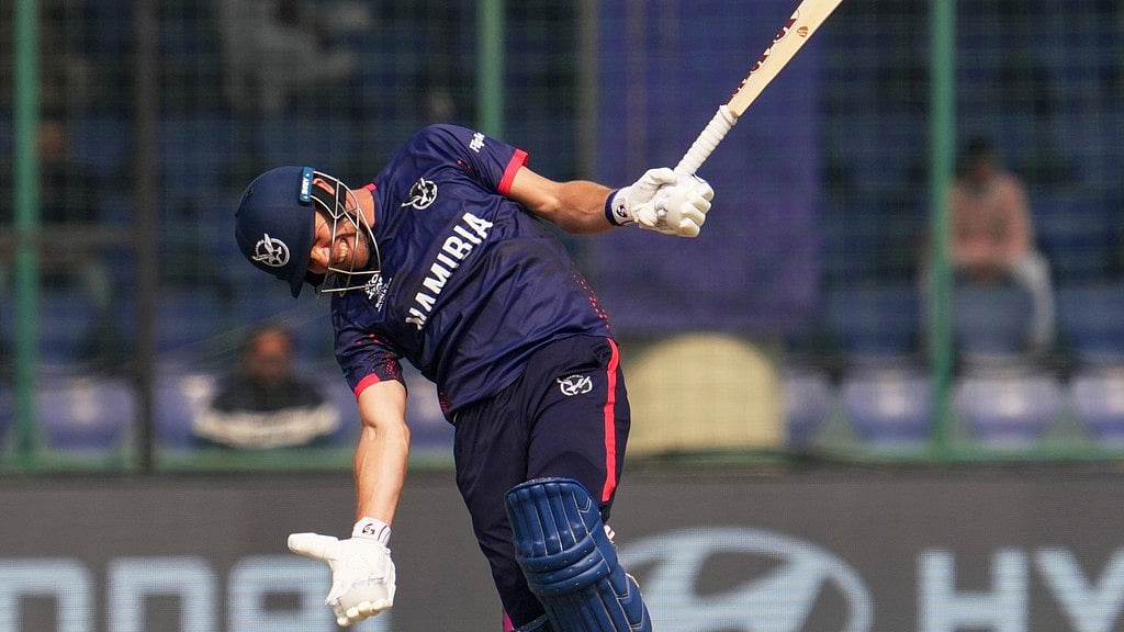 AP : Namibias captain Gerhard Erasmus reacts after losing his wicket during the T20 World Cup match between Namibia and Netherlands in New Delhi.