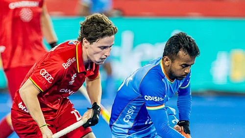 TheHockeyIndia/X : India hockey players in action against Belgium in FIH Mens Pro League 2025-26 in Rourkela.