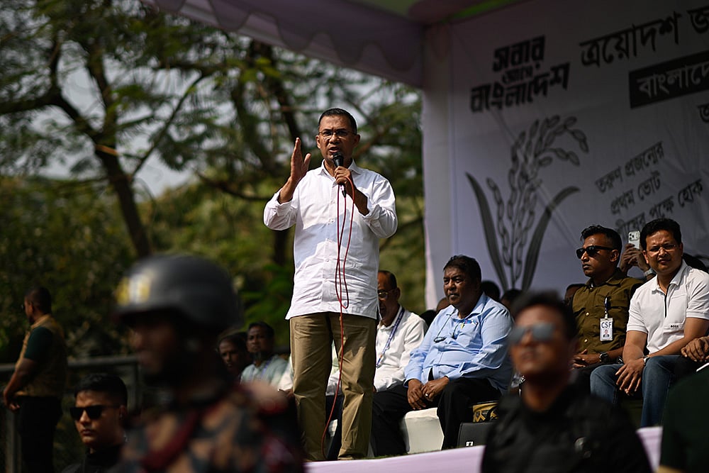 | Photo: AP/Mahmud Hossain Opu : Bangladesh Nationalist Party (BNP) Chairperson Tarique Rahman speaks to his supporters during an election rally on the last day of the election campaign, in Dhaka, Bangladesh.