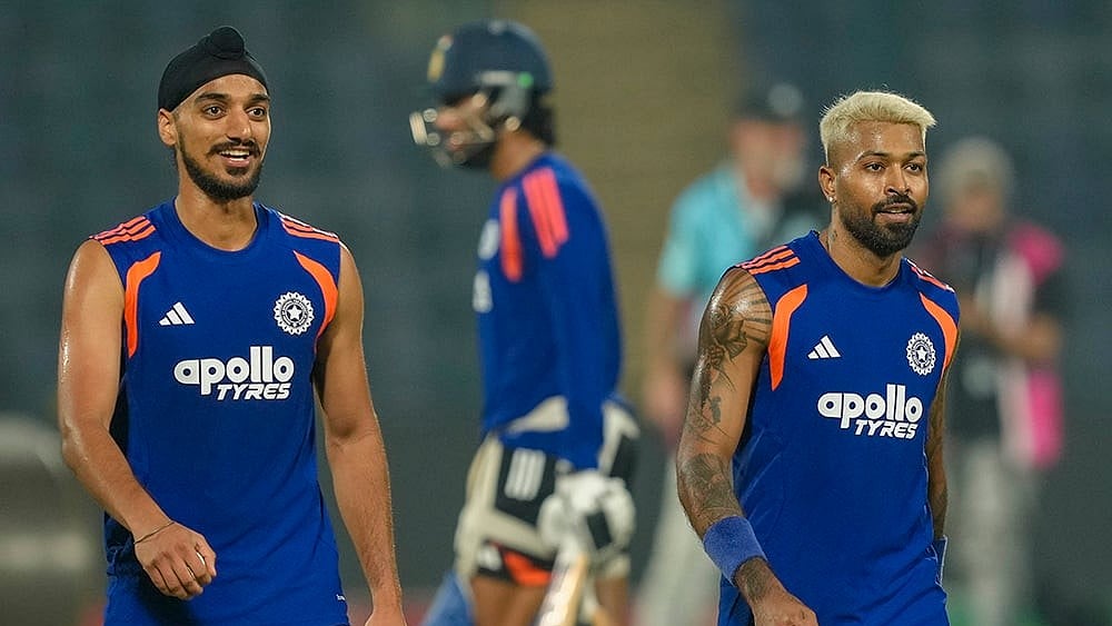 | Photo: PTI/Shahbaz Khan : Indias Arshdeep Singh, left, and Hardik Pandya during a training session ahead of the ICC Mens T20 World Cup 2026 cricket match between India and Namibia, at Arun Jaitley Stadium, in New Delhi.